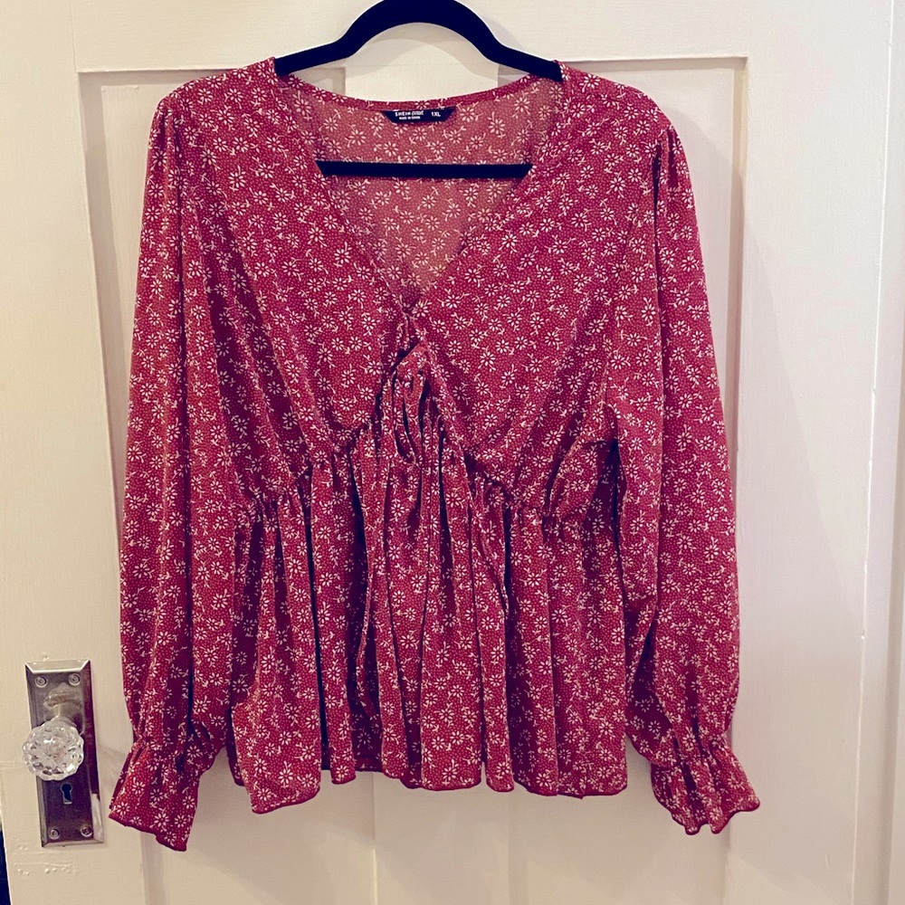 Plus Allover Print Flounce Sleeve Peplum Blouse